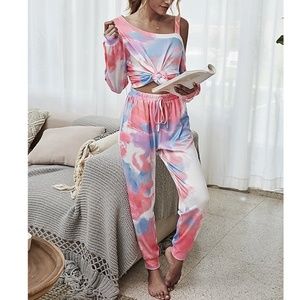 New Women's Tie-Dye Asymmetrical Top & Joggers Set